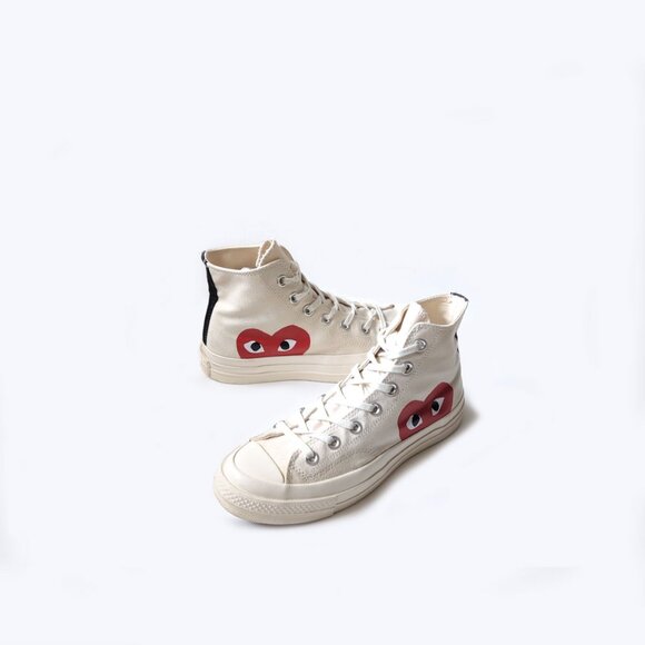 Comme Des Garcons PLAY Beige Converse High Top Sneakers Womens Size 7 - Picture 1 of 8